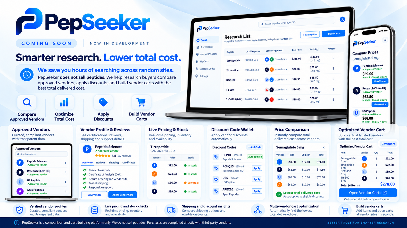 PepSeeker app concept showing vendor comparison, discount codes and optimized vendor carts